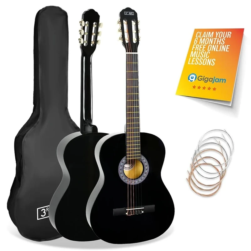 3rd Avenue Full Size 4/4 Classical Guitar Spanish Nylon String Beginner Pack Bundle - 6 Months FREE Lessons, Bag, Strings – Black