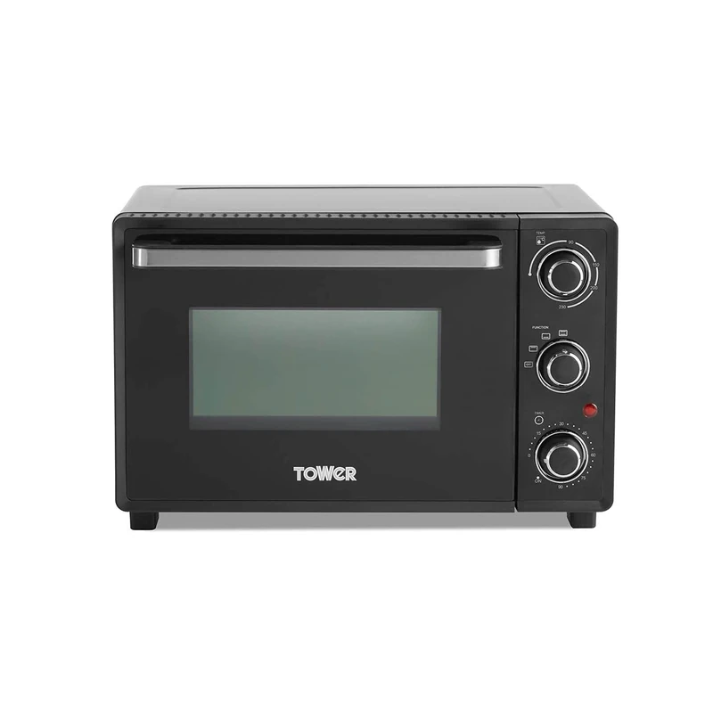 Tower T14043 Mini Oven with Adjustable Temperature Control, 90 Minute Timer, Baking Tray and Wire Rack, 23 Litre, Black with Silver Accents