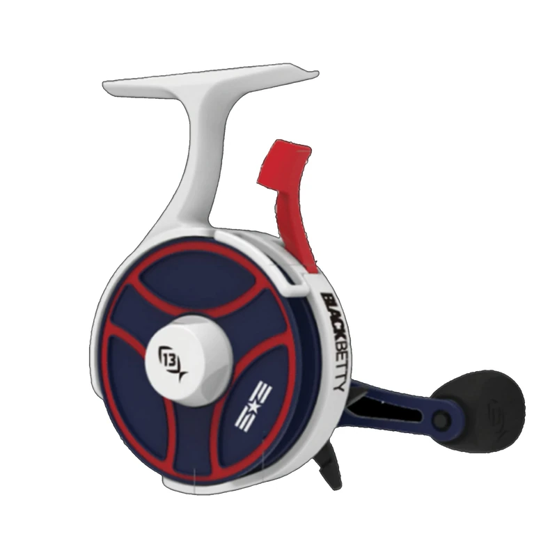 13 FISHING - Freefall Ghost Maverick - Inline Ice Fishing Reel - Red, White & Blue Color - Right Hand Retrieve - BBFFGWUSA-2.5-RH