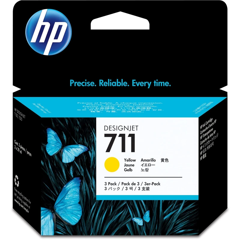 HP 711 CZ136A 3-Pack Yellow 29 ml Genuine HP Ink Cartridge with Original HP Ink, for HP DesignJet T120, T125, T130, T520, T525, T530 Large Format Plotter Printers and HP 711 DesignJet Printhead