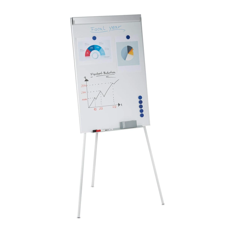Relaxdays Flipchart Whiteboard, Magnetic, Height-adjustable, Tripod, Pen Tray, Aluminium Frame, HxW: 90 x 60 cm, White, Iron, 175 x 80 x 75 cm