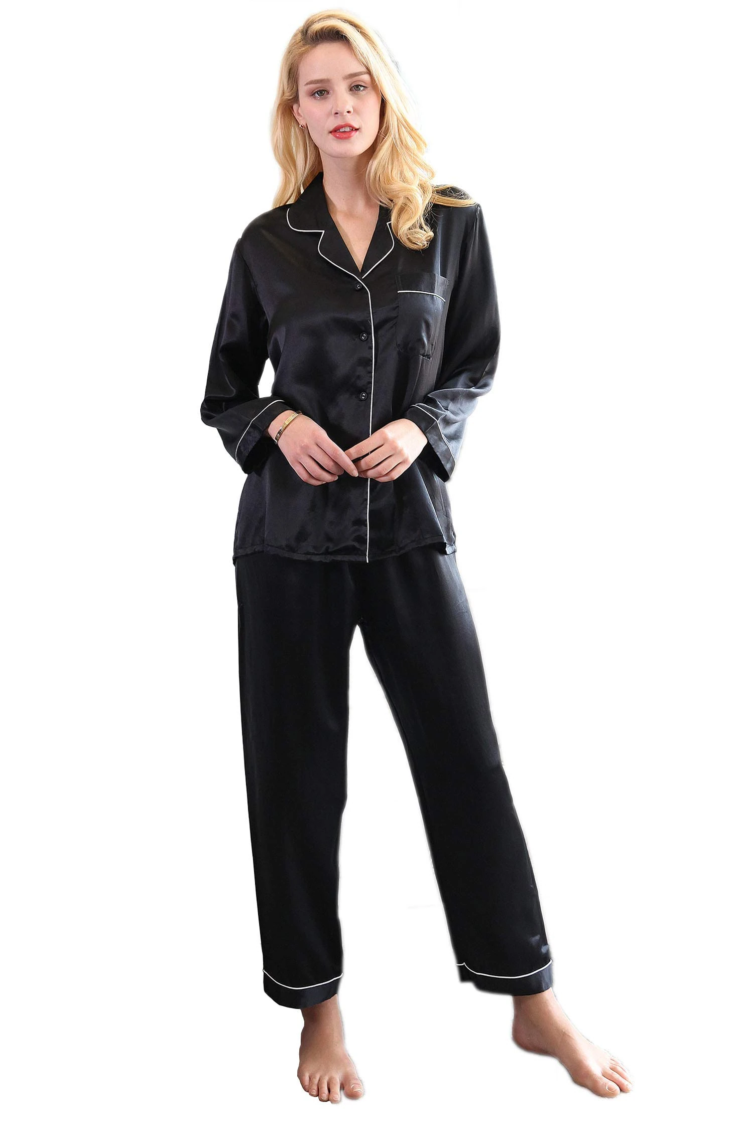 Jsix 16 Momme Silk Pajamas Set for Women Pure Mulberry Silk Sleepwear Long Nightwear Ladies (Black, M)