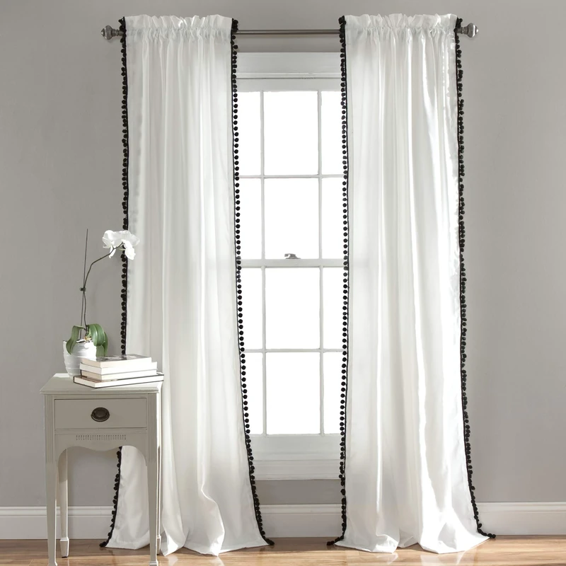 Lush Decor Pom Pom Window Single Panel, 108" L x 50" W, Black - Image 1