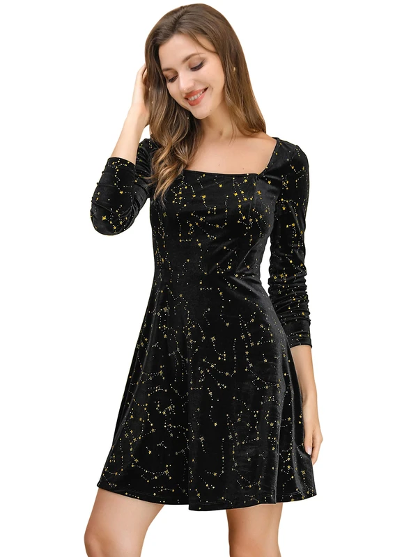 Allegra K Women's Christmas Stars Square Neck Vintage Velvet Mini Dress, Black, L