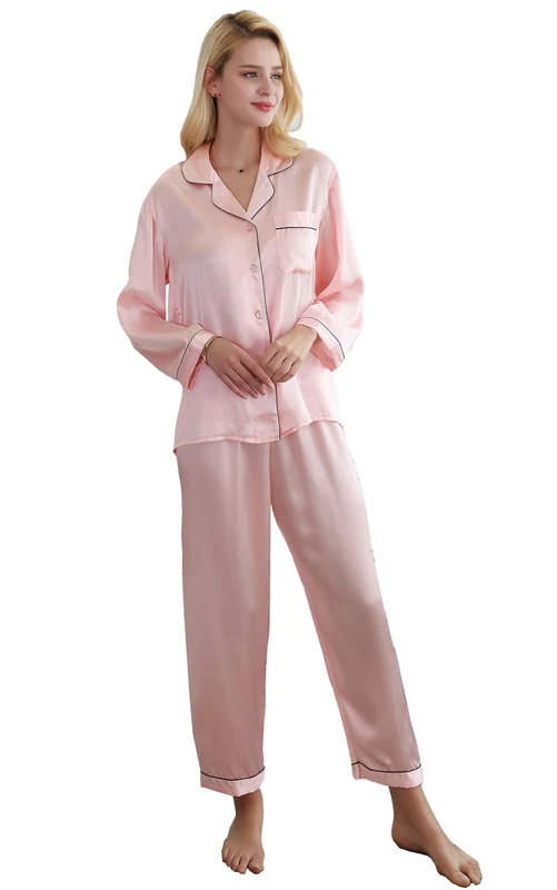 Jsix 16 Momme Silk Pajamas Set for Women Pure Mulberry Silk Sleepwear Long Nightwear Ladies (Pink, XL)
