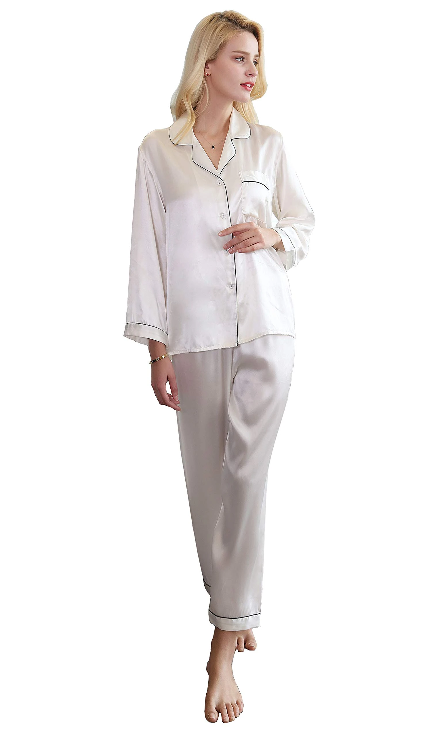 Jsix 16 Momme Silk Pajamas Set for Women Pure Mulberry Silk Sleepwear Long Nightwear Ladies (White, XL)