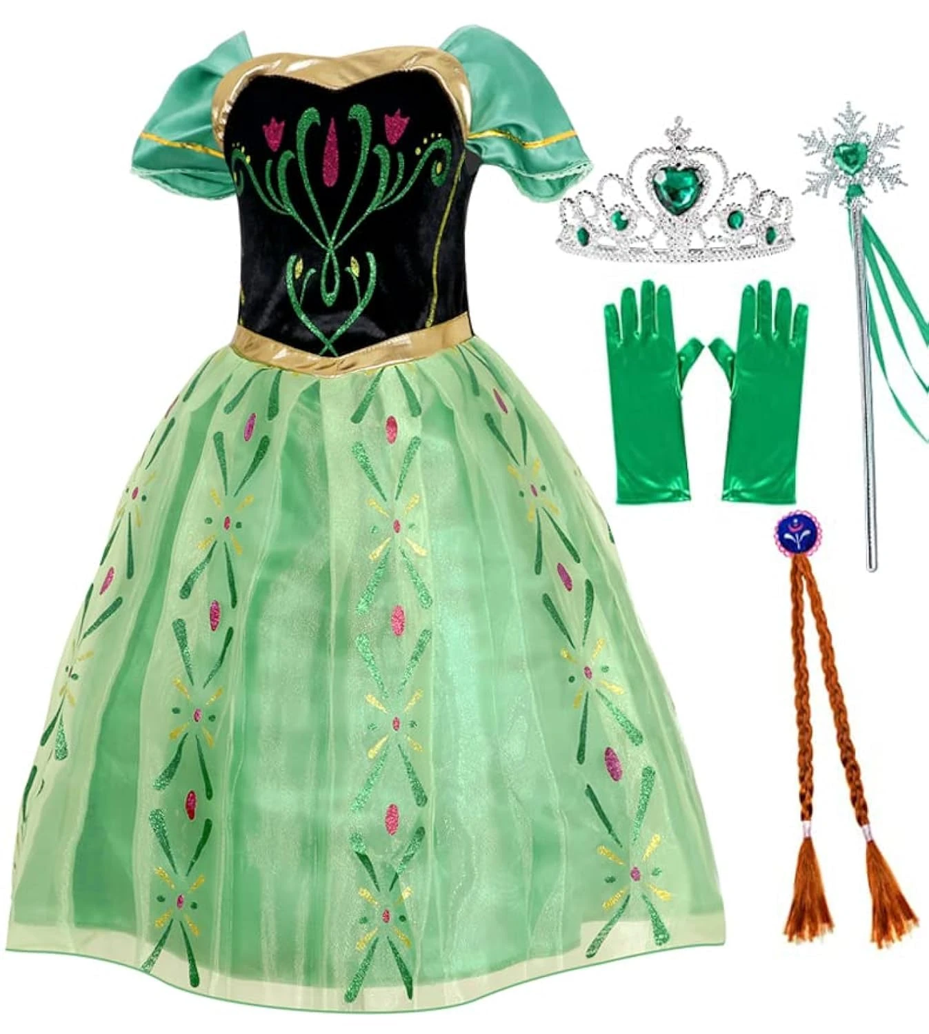 Atorcher Anna Princess Dress with Crown Fairy Wand Gloves - Green Party Coronation Dress