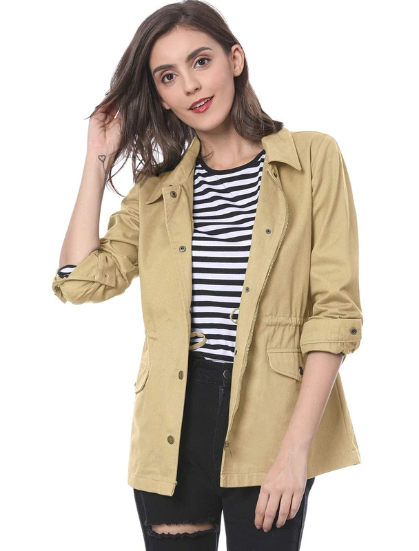 Allegra K Women's Utility Jacket Zip Up Drawstring Waist Snap Buttons Lightweight Anorak Jackets with Pockets, Camel, XL