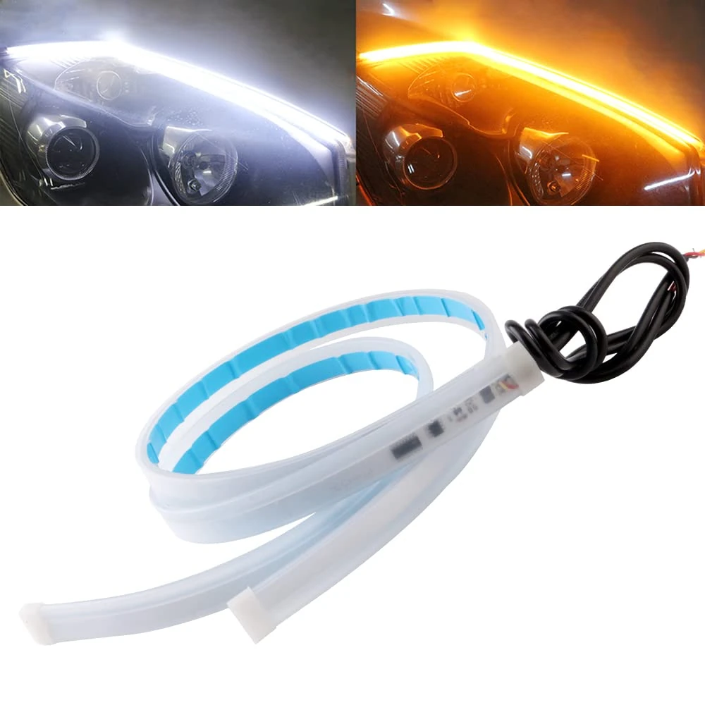 QasimLed 2-Pack 45cm Flexible Car DRL LED Strip Daytime Running Lights with Sequential Guide Turning Signal Light for Headlight Waterproof White&Yellow