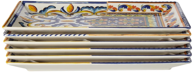H&H 838620 Positano Set of 6 Rectangular Plates, Stoneware, 25x15 cm, Stone, Blue