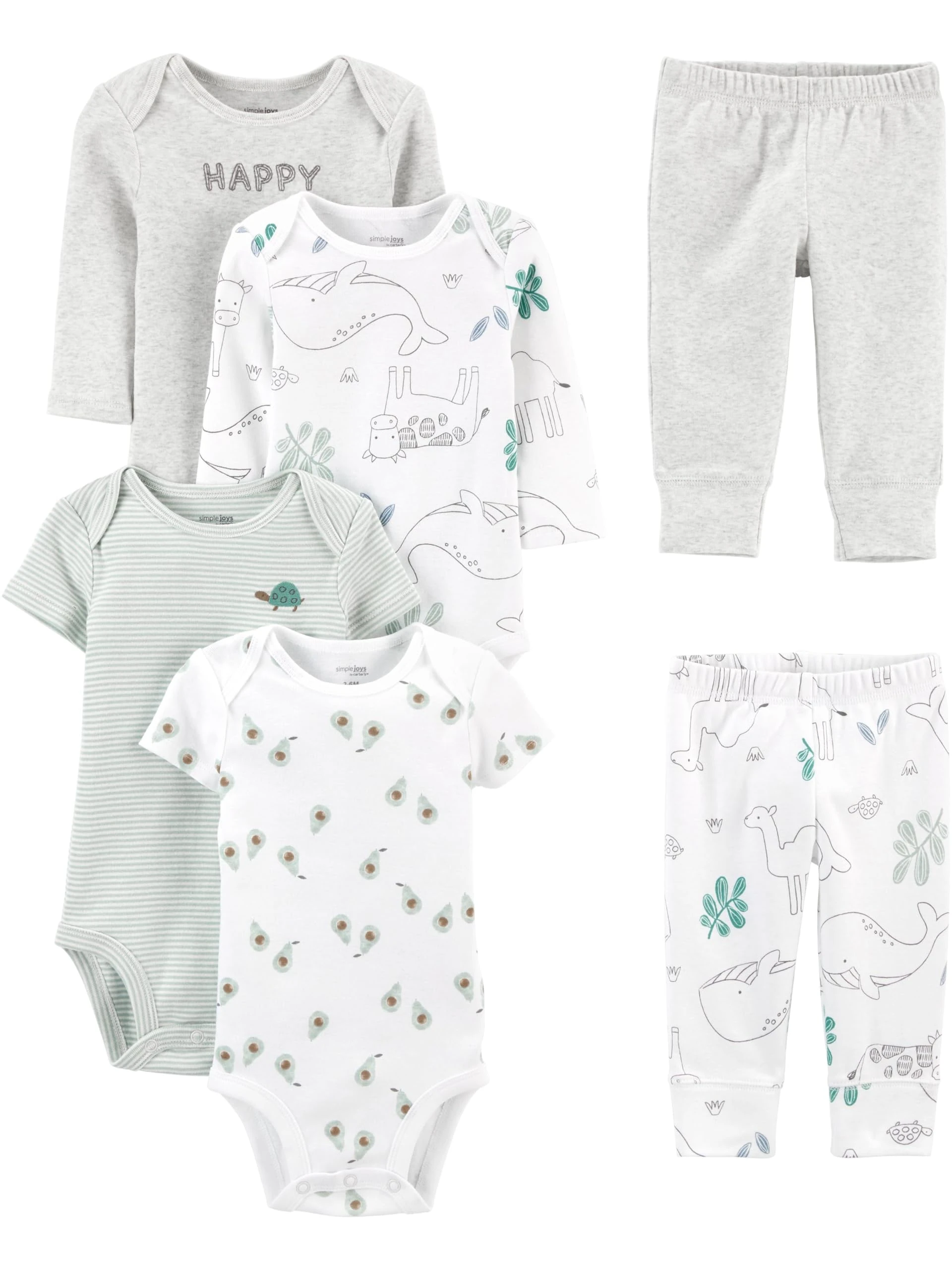 Simple Joys by Carter's Baby-Boys 6-Piece Bodysuits (Short and Long Sleeve) and Pants Set, Grey Heather/White Animal Print/Avocados/Stripe/Text Print, 18 Months