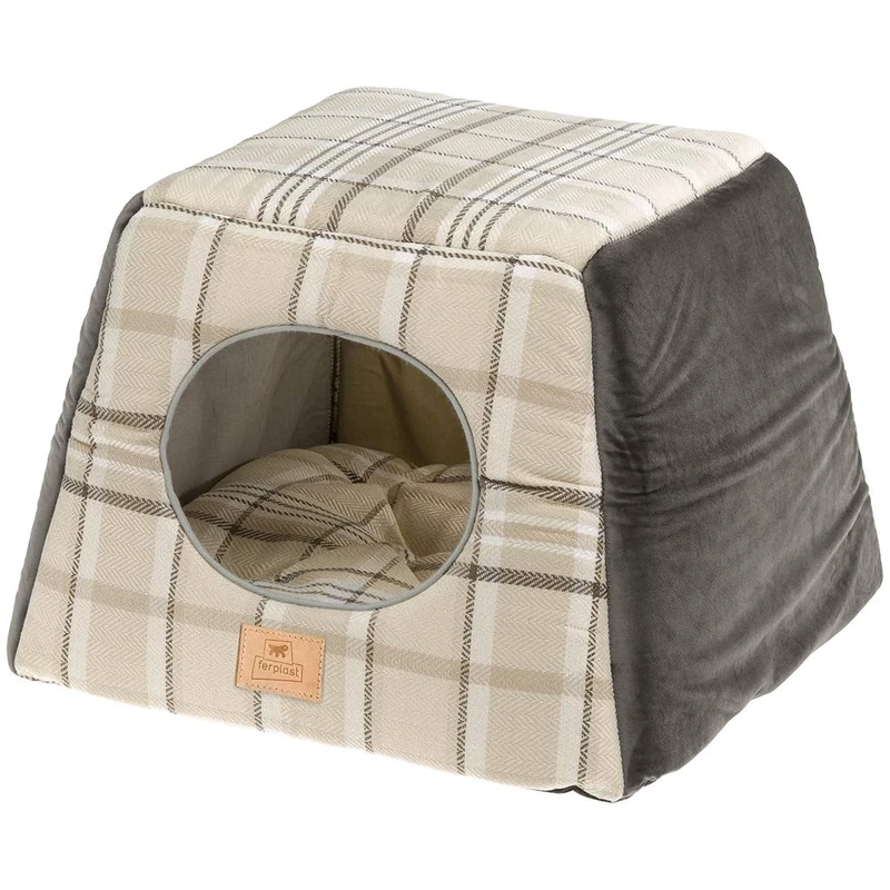 Ferplast Indoor Cat Cave Bed Igloo EDINBURGH, Cat House with Cushion, Cat bed, Tartan, Soft velvet, Washable, 44 x 44 x h 33 cm Brown