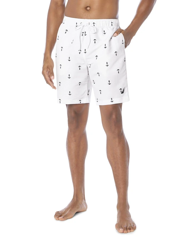 Nautica Men's Quick Dry All Over Classic Anchor Print Swim Trunk, Bright White, XXL
