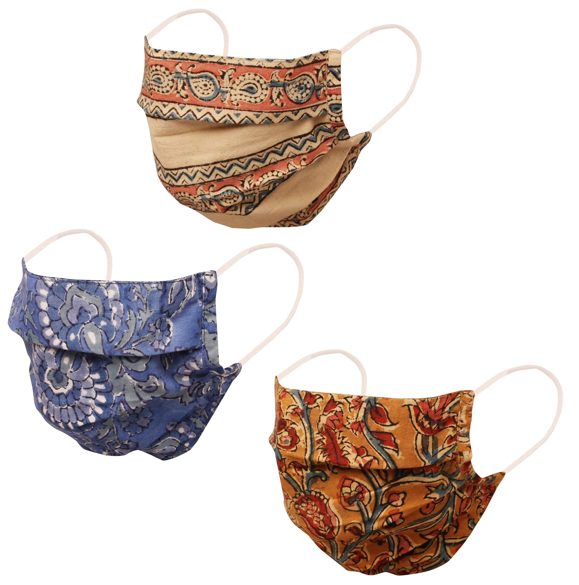 Touchstone Filter pocket nose bridge double layer cotton face mask Reusable Machine Washable for men, women. (Pack of 3). Mustard Blue Beige