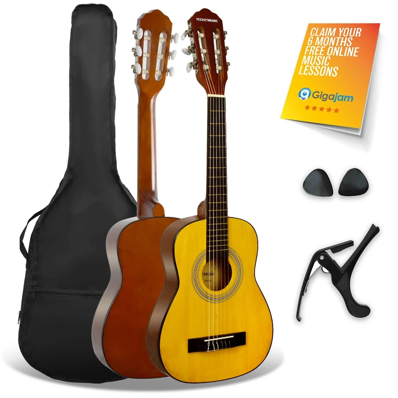 3rd Avenue XF 1/4 Size Junior Kids Classical Spanish Starter Beginner Pack Acoustic Guitar with Nylon Strings, Gig Bag, Capo and Picks – Natural
