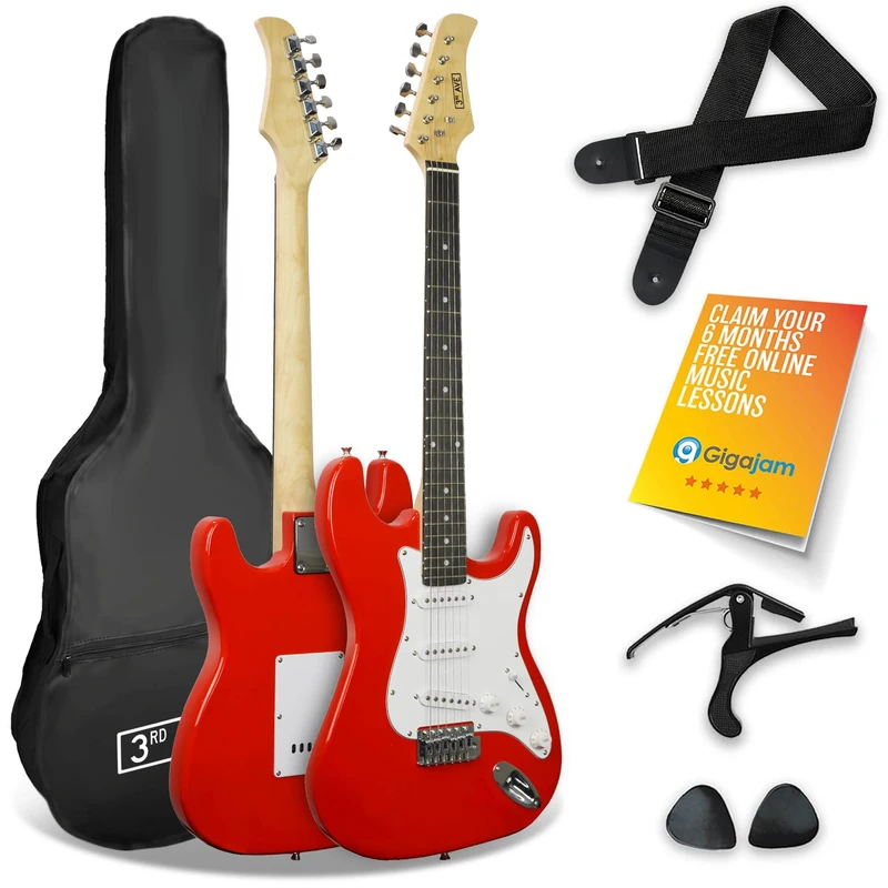 3rd Avenue XF Full Size 4/4 Electric Guitar Starter Beginner Pack with Bag, Strap, Picks and Capo – Red
