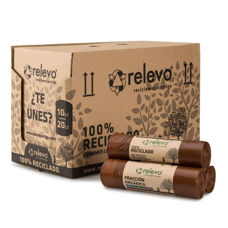 Relevo Brown Drawstring Bin Bags - 20L (Width 45 cm x Height 46 cm), 525 Bags (35 Rolls × 15 Bags) | Extra Strong Bin Liners| 100% Recycled LDPE from Greenhouses | Blue Angel Certified