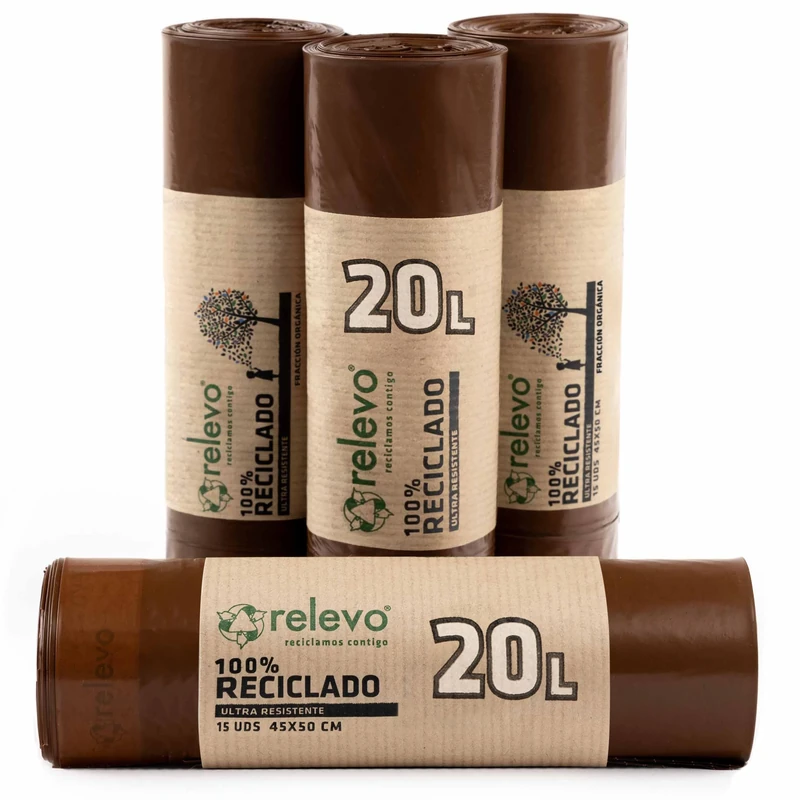 Relevo 20L Bin Bags – Food Waste Bags made of 30 µm (Micron) thick 100% recycled plastic. Contains 60 Bin Liners