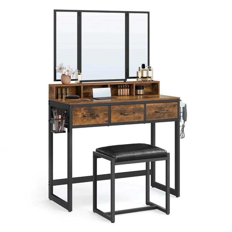 VASAGLE Dressing Table with Mirror and Stool, Vanity Table with Tri-Fold Mirror, 3 Drawers, Hair Dryer Holder, Makeup Desk, Industrial Style, Rustic Brown and Black RVT004B01