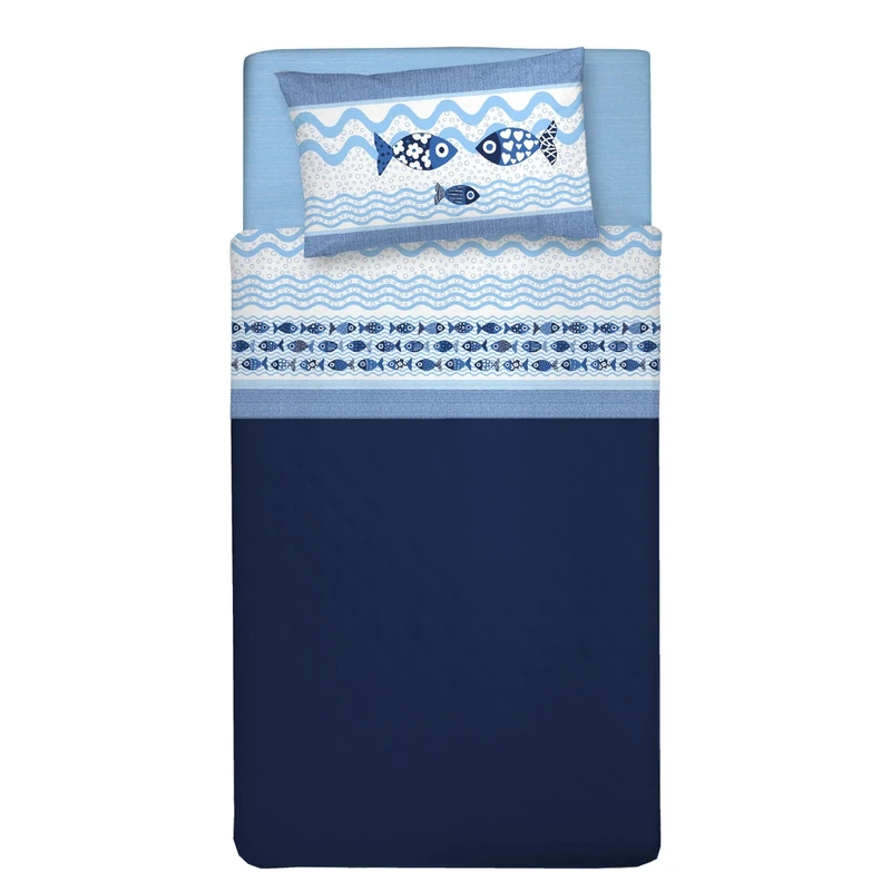 PENSIERI DELICATI 3/4 Bed Sheet Set, 100% Cotton, 120 x 200 cm 3/4 Bed Sheet Set, Includes Bottom Sheet, Top Sheet and 1 Pillowcase, Made in Italy, Blue Fish Pattern
