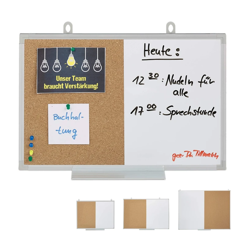 Relaxdays Combo Pinboard & Magnetic Board, 2 in 1 Combination, Aluminium Frame, with Shelf, 30 x 45 cm, White/Natural