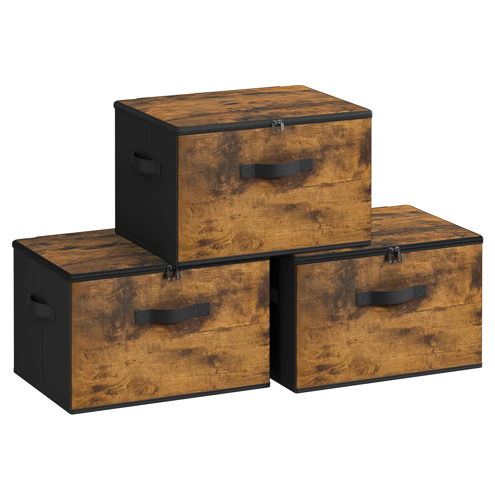 SONGMICS Foldable Storage Organiser Boxes, Set of 3 Storage Basket Bins with Lids, Handles, Clothes Organiser, 40 x 30 x 25 cm, Non-Woven Fabric, Rustic Brown RYZ103B01