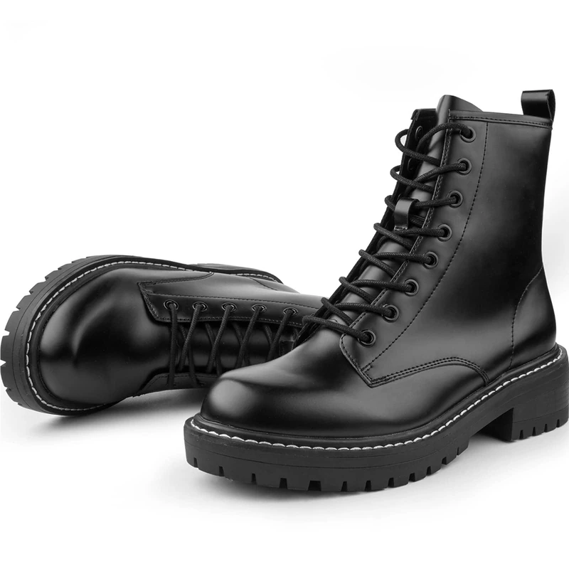 ICHIGO Women’s Fashion Ankle Booties Causal 8-Eye Side Zipper Lace-up Combat Boots, Black, 5.5 UK