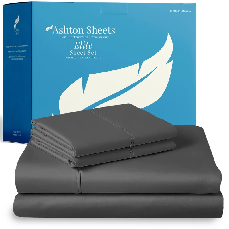 Ashton Sheets 100% Egyptian Cotton Sheet California King Size - 800 Series Elite Collection Cal King Size Bed Sheets Set (4 PC, Dark Grey), Soft, Cooling, 16" Deep Pocket Luxury Hotel Bedsheet