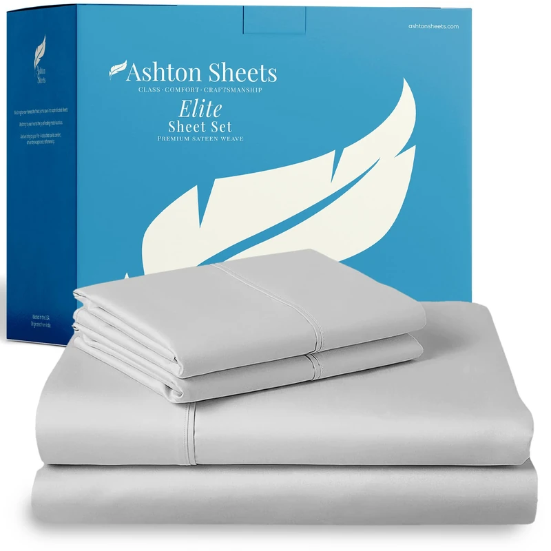 Ashton Sheets 100% Egyptian Cotton Sheets King Size - 800 Series Elite Collection Egyptian Cotton Bed Sheet Set (4 PC, Silver), Soft, Cooling, 16" Deep Pocket Sateen Weave Luxury Hotel Bedsheet