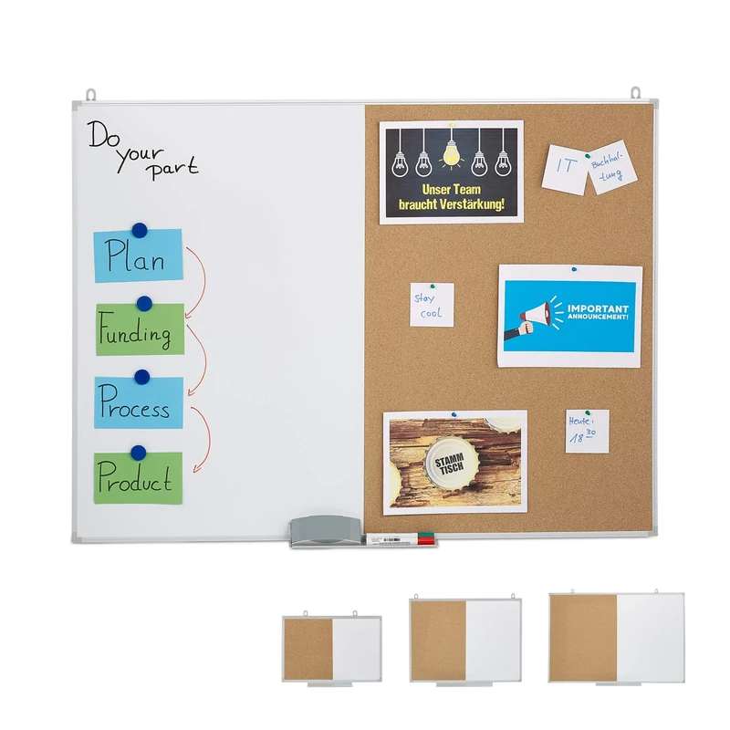 Relaxdays Combination Board, 2 in 1, Cork Pin Board & Magnetic Board, Aluminium Frame, Combination Board with Shelf, 90 x 120 cm, White/Natural - Image 1