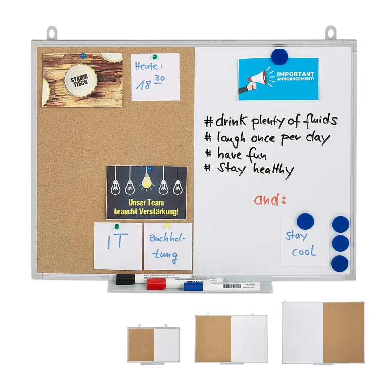 Relaxdays Combo Pinboard & Magnetic Board, 2 in 1 Combination, Aluminium Frame, with Shelf, 45 x 60 cm, White/Natural