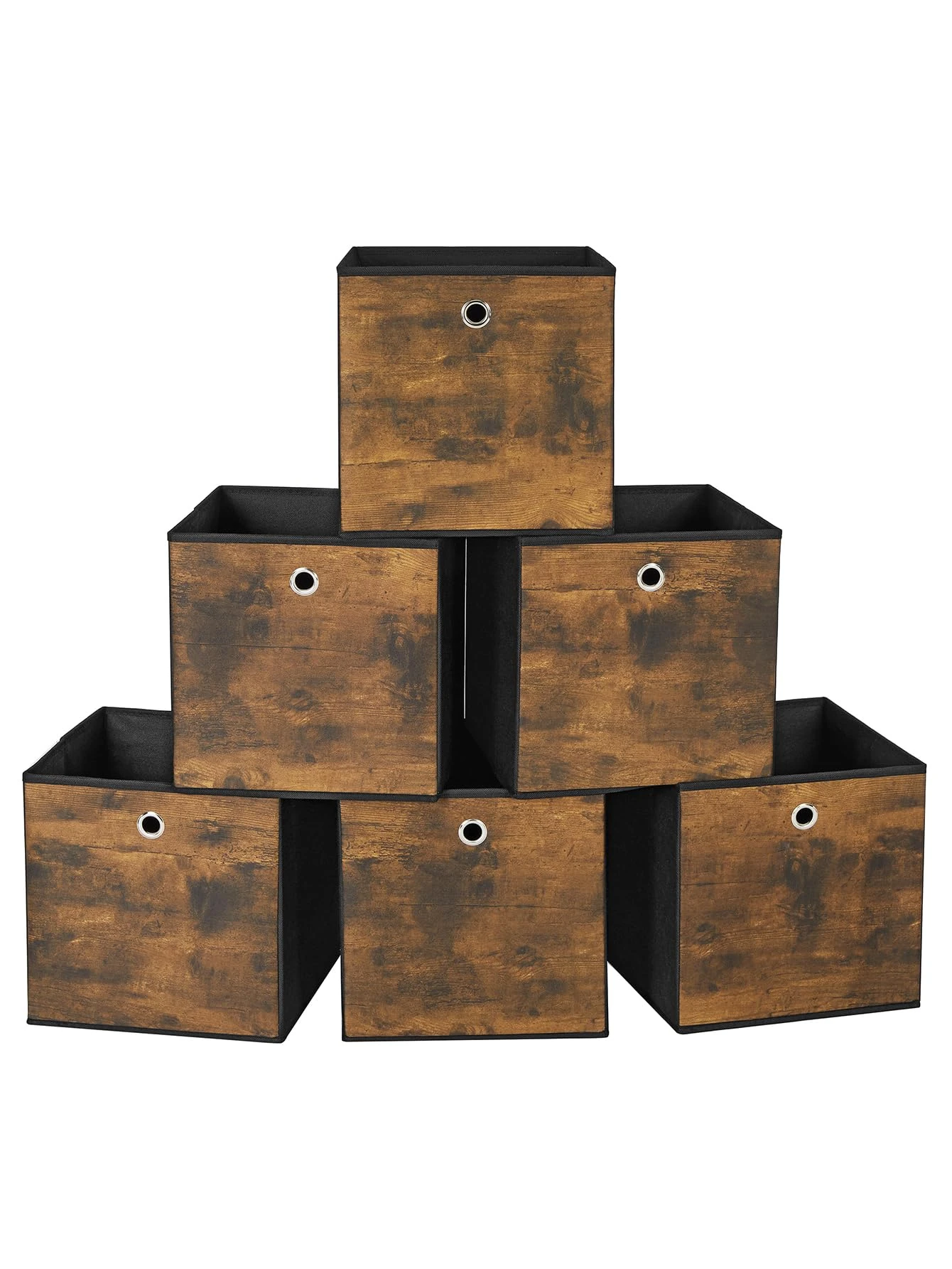 SONGMICS RFB102B01 Storage Box, Set of 6, Box with Handle, Non-woven and Oxford Fabric, 30 x 30 x 30 cm, Suitable for Cubic Furniture, Foldable, Clothes, Rustic Brown and Black