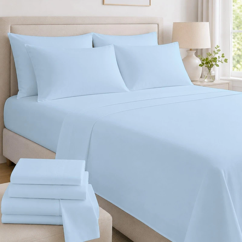 Mattress-Homes Extra Deep Pocket 6-Piece California King Sheet Set Hotel Luxury 100% Egyptian Cotton Sheets with 21" Fitted Sheet Soft Cool & Breathable Bedding with 4 Pillowcases Light Blue Solid