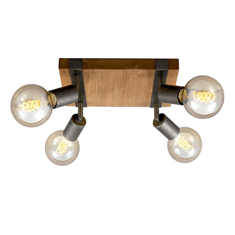 BRILONER - Vintage Ceiling Light, 4 Spotlights, Gunmetal & Wood, Rotatable, Max 100W, Living Room, Bedroom, Hallway, 280 x 280 x 90 mm