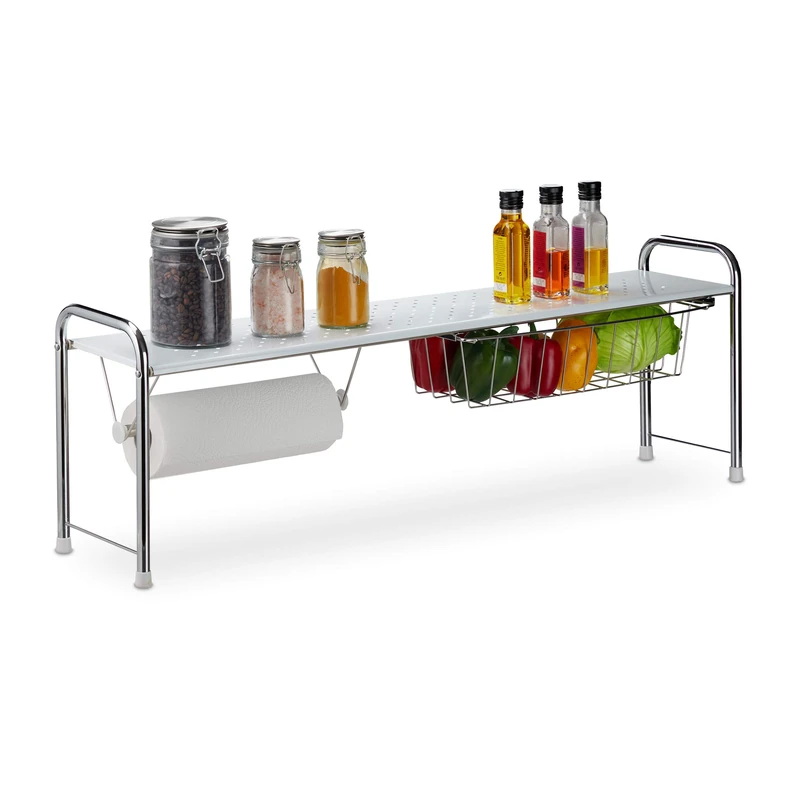 Relaxdays Sink Shelf with Kitchen Roll Holder, Organiser Stand with Basket, Metal, HxWxD: 32 x 94 x 23 cm, White/Silver - Image 1