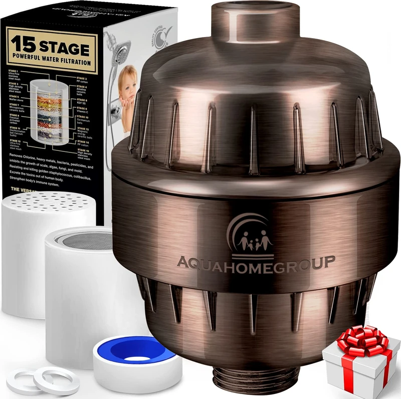 AquaHomeGroup 15 Stage Shower Filter with Vitamin C for Hard Water - High Output Shower Water Filter to Remove Chlorine and Fluoride - 2 Cartridges Included -Consistent Water Flow Showerhead Filter - Image 1