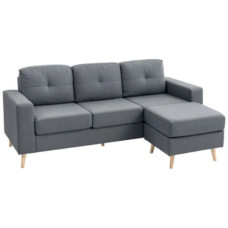 HOMCOM 3-Seater L-Shaped Linen-Look Sofa w/Wood Frame Legs Sponge Seat Back Cushions Armrest Tufting Home Comfort Living Room Furniture Office Dark Grey