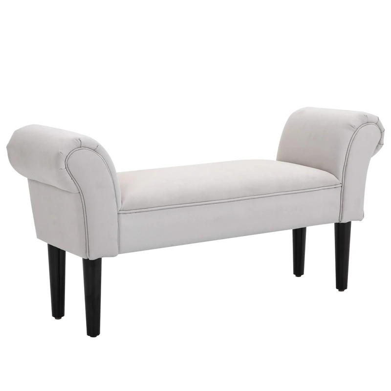 HOMCOM End of Bed Bench, Upholstered Window Seat with Arms and Wooden Legs, Modern Shoe Bench for Entryway, Living Room, Bedroom, Greyish White