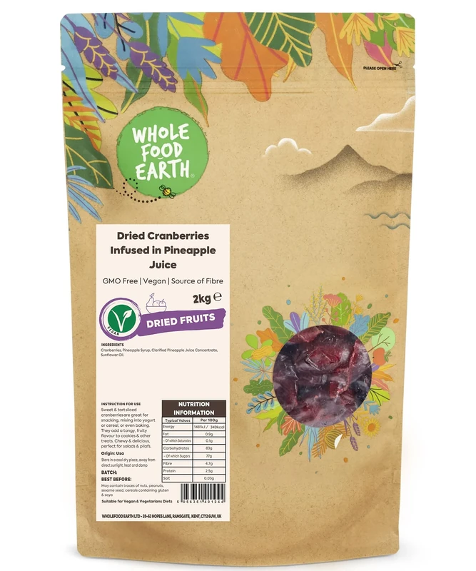Wholefood Earth Dried Cranberries Infused in Pineapple Juice 2 kg | GMO Free | Source of Fibre
