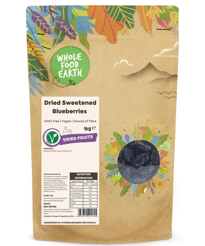 Wholefood Earth Dried Sweetened Blueberries 1 kg | GMO Free | Source of Fibre