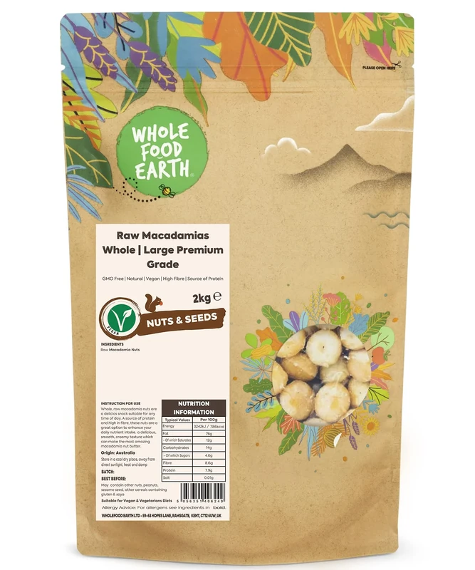Wholefood Earth Raw Macadamias Whole | Large Premium Grade 2 kg | GMO Free | Natural | High Fibre | Source of Protein