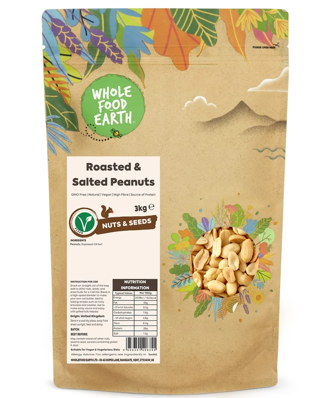 Wholefood Earth Roasted and Salted Peanuts 3 kg | GMO Free | Natural | High Fibre | Source of Protein