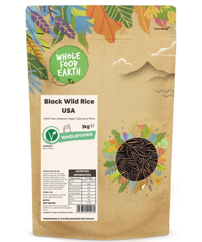 Wholefood Earth Black Wild Rice USA 3 kg | GMO Free | Natural | Source of Fibre