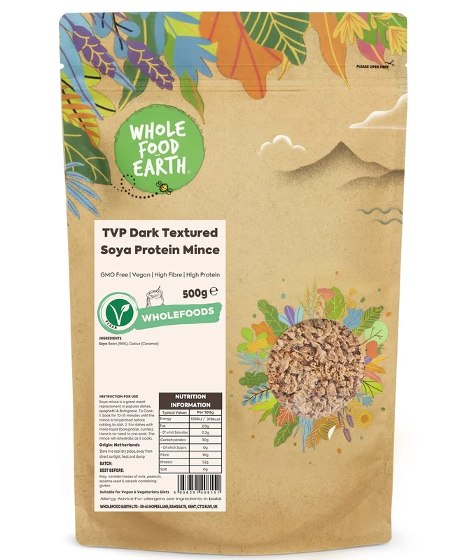 Wholefood Earth TVP Dark Textured SOYA Protein Mince 500 g | GMO Free | High Fibre | High Protein