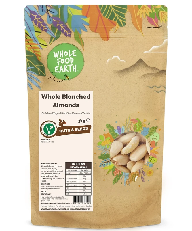 Wholefood Earth Whole Blanched Almonds 3 kg | GMO Free | High Fibre | Source of Protein