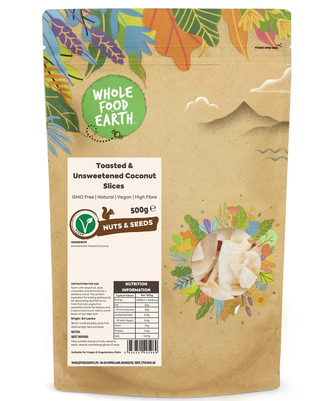 Wholefood Earth Toasted and Unsweetened Coconut Slices 500 g | GMO Free | Natural | High Fibre