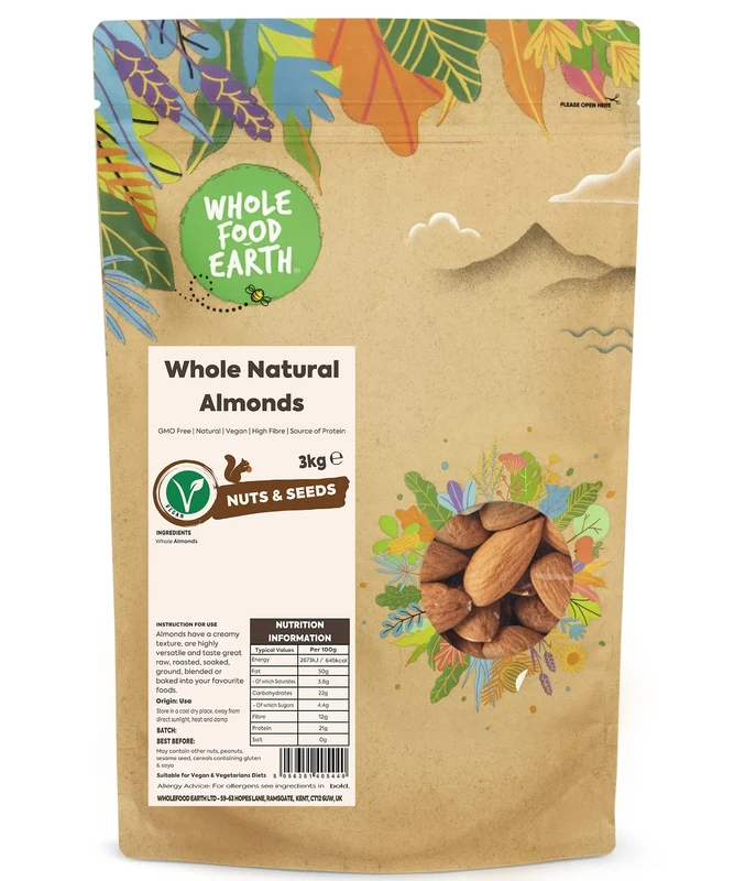 Wholefood Earth Whole Natural Almonds 3 kg | GMO Free | Natural | High Fibre | Source of Protein