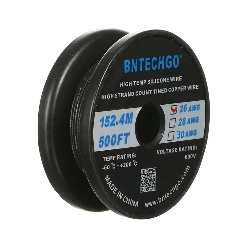 BNTECHGO 26 Gauge Silicone Wire Spool 500 ft Black Flexible 26 AWG Stranded Tinned Copper Wire