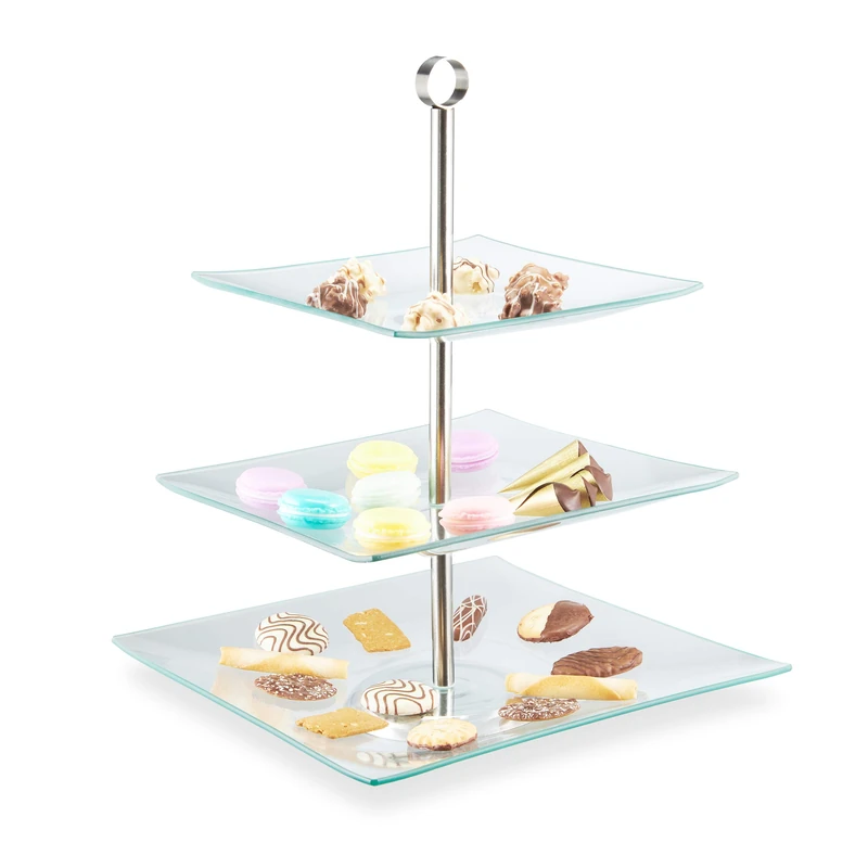 Relaxdays Étagère, 3-Tier, Square, Cupcakes & Snacks, Afternoon Tea, Serving Stand, Glass, Stainless Steel, Silver/Clear - Image 1