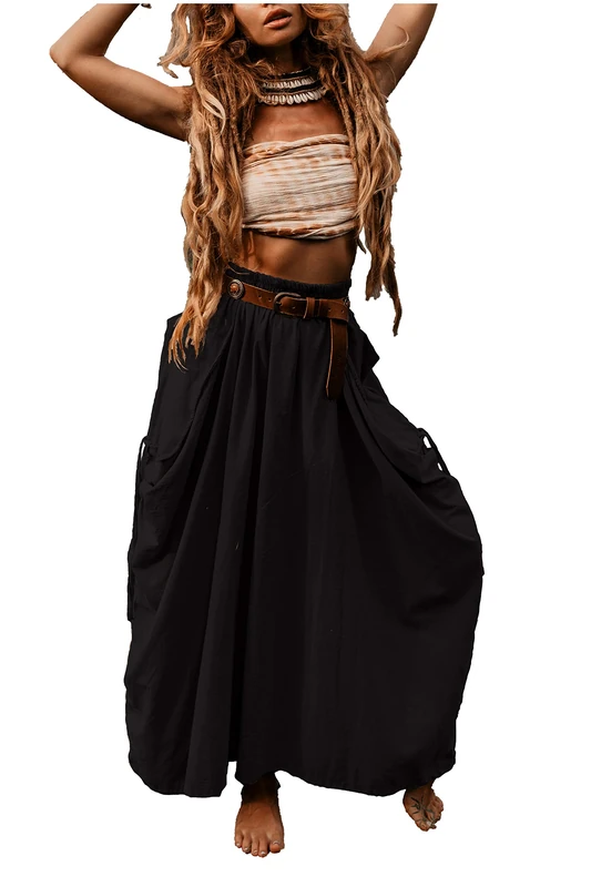 Thaluta Women's Maxi Boho Skirt with Pockets Bohemian Organic Cotton Hippie Gypsy, Black, One Size